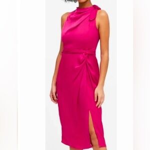 NWT Banana Republic Hot Pink Tie Neck Knot Draped Maxi Slit Dress Sz 6